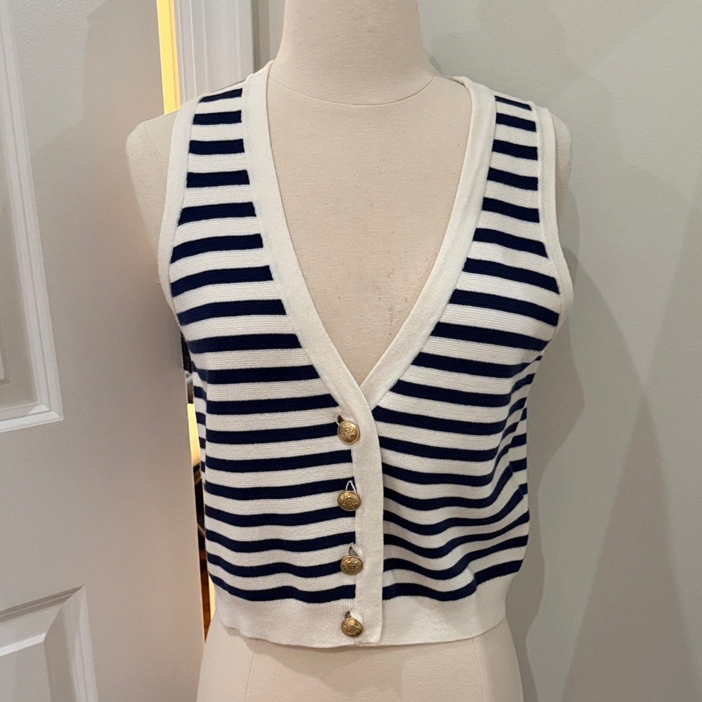 J. Crew Navy and White Striped Sleeveless Cardigan